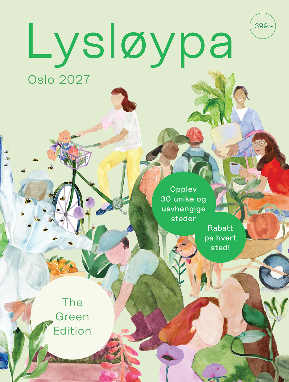 Forsiden av Lysløypa Oslo 2027 – The Green Edition, med akvarellillustrasjoner av mennesker, sykler og planter